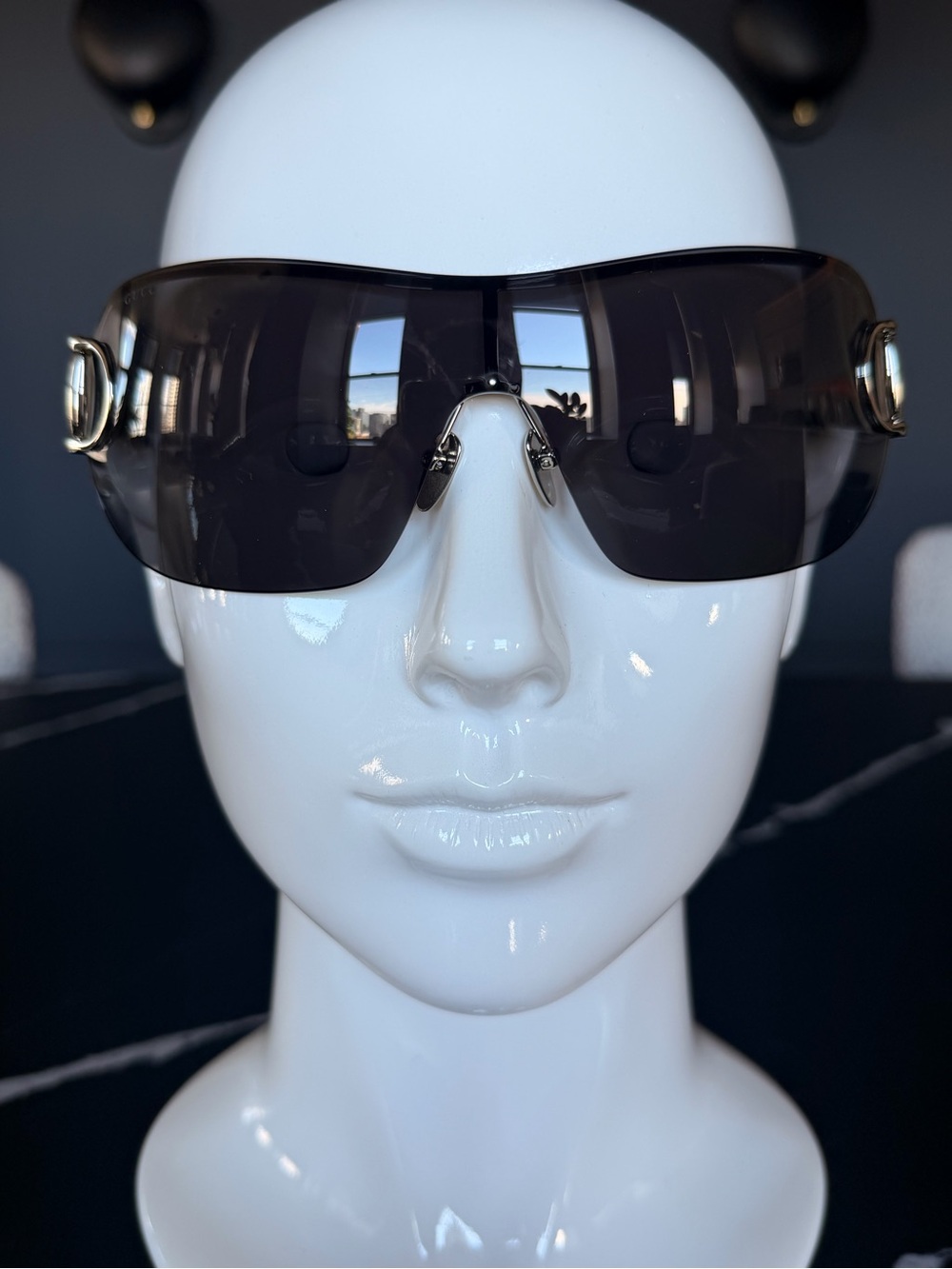 Gucci Men's Rimless Sunglass Shield with Dark Smoke Lenses